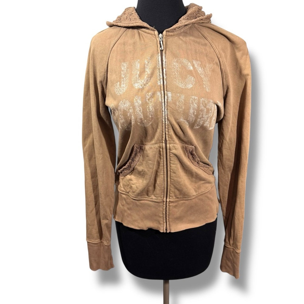 Juicy Couture Brown Crochet Lace Hood Zip Up Hoodie Sweater